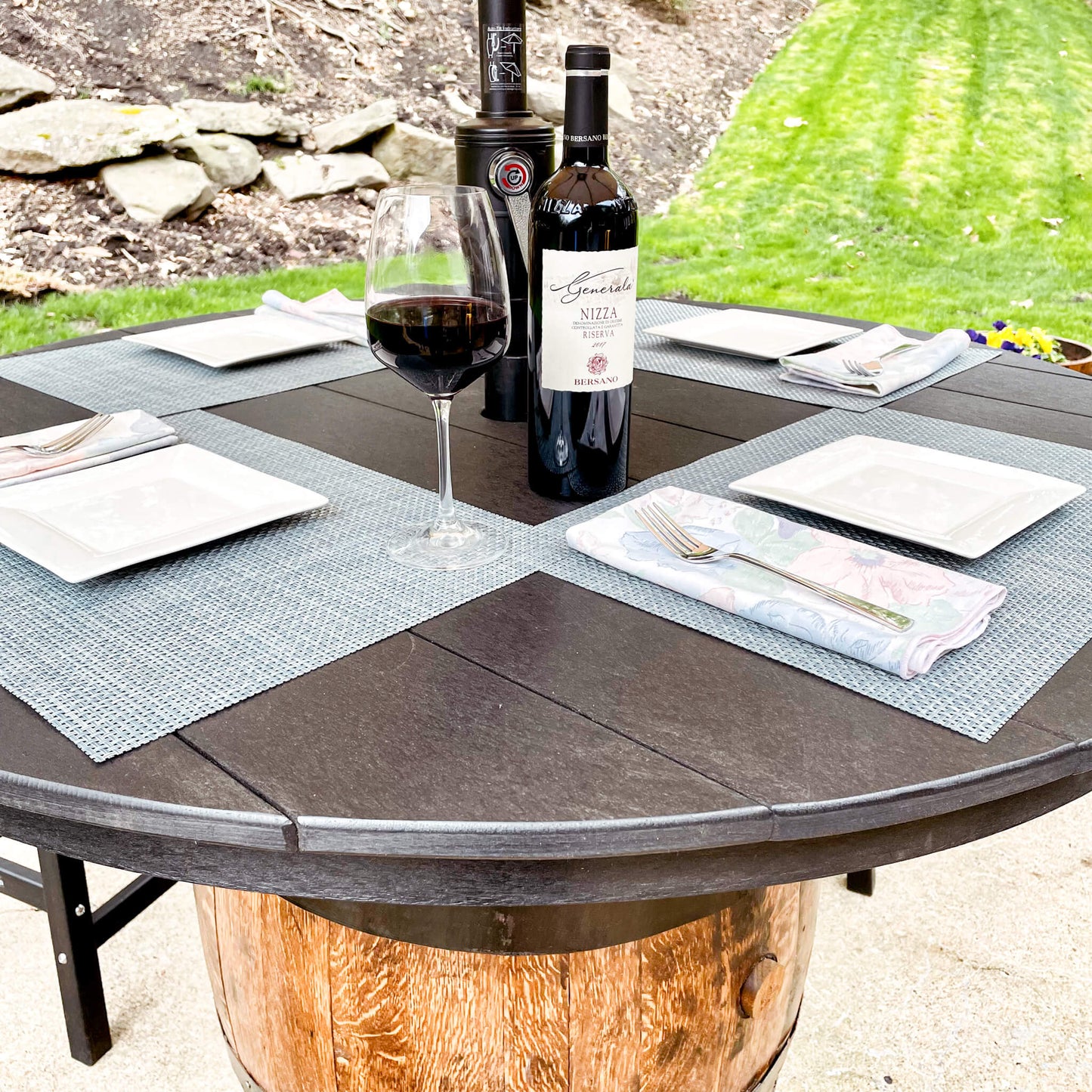 Outdoor Whiskey Barrel Pub Tables With 4 Poly-Lumber Stools Set
