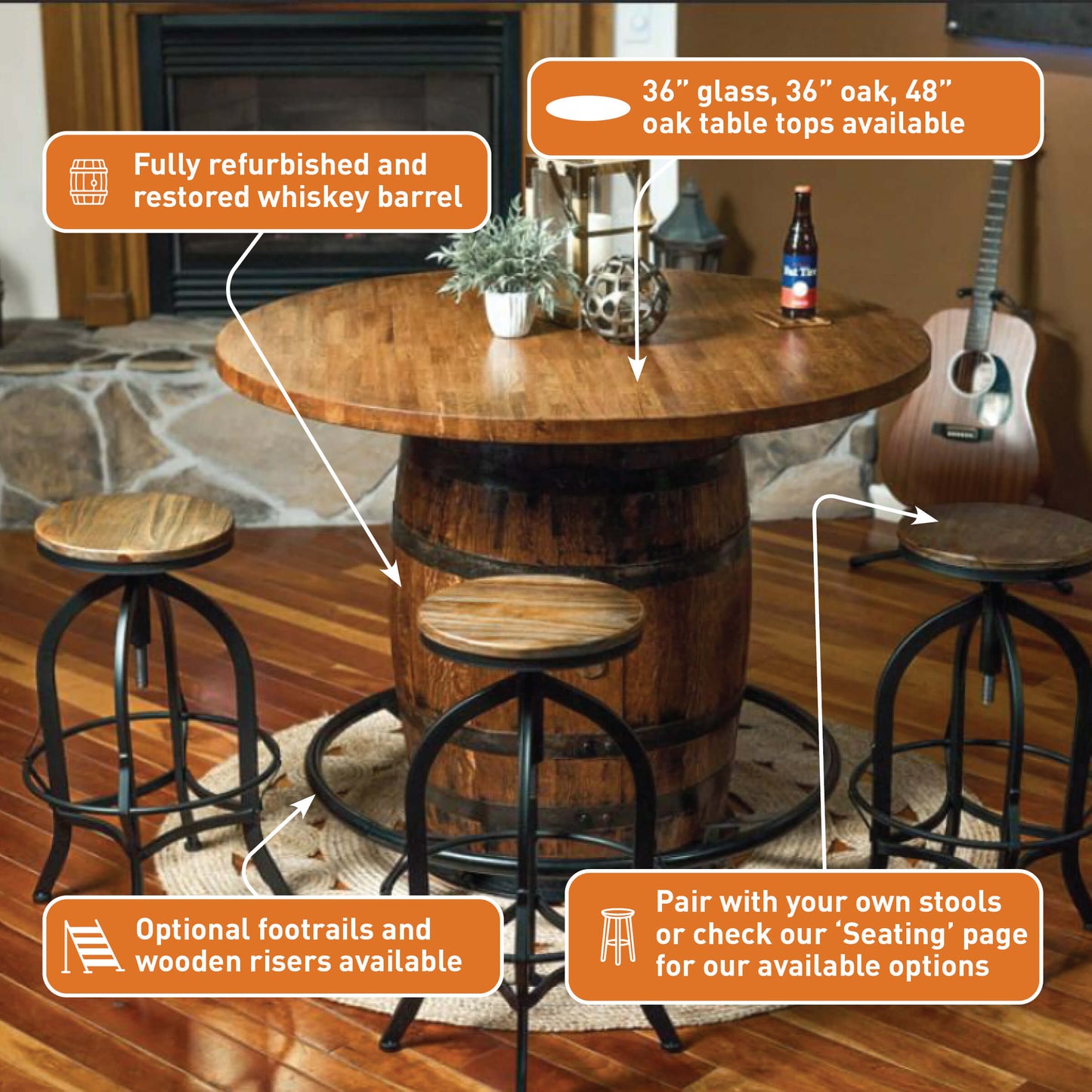 Standard Whiskey Barrel Pub Table w/ 36" or 48" Table Top