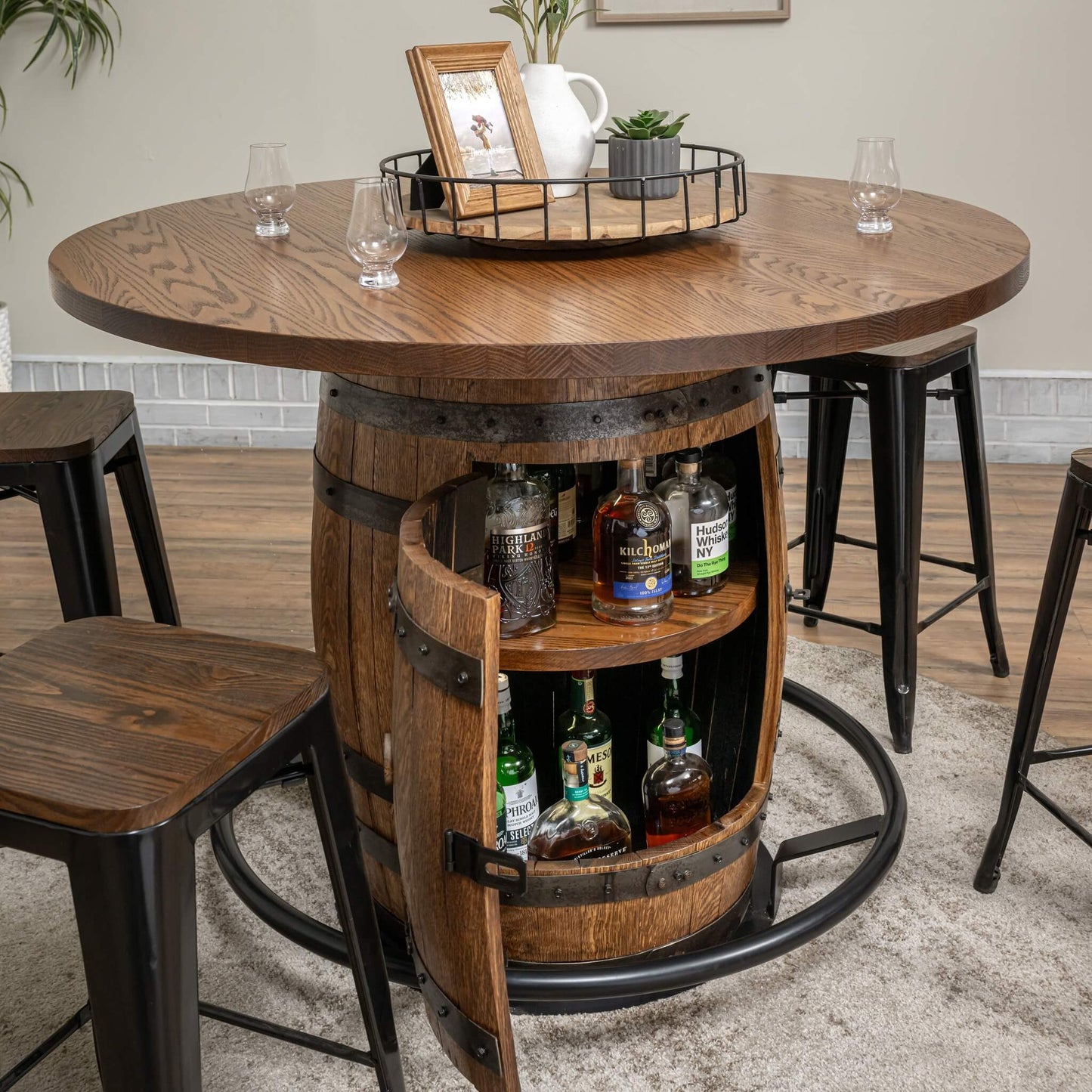 Deluxe Whiskey Barrel Pub Table AND Cabinet
