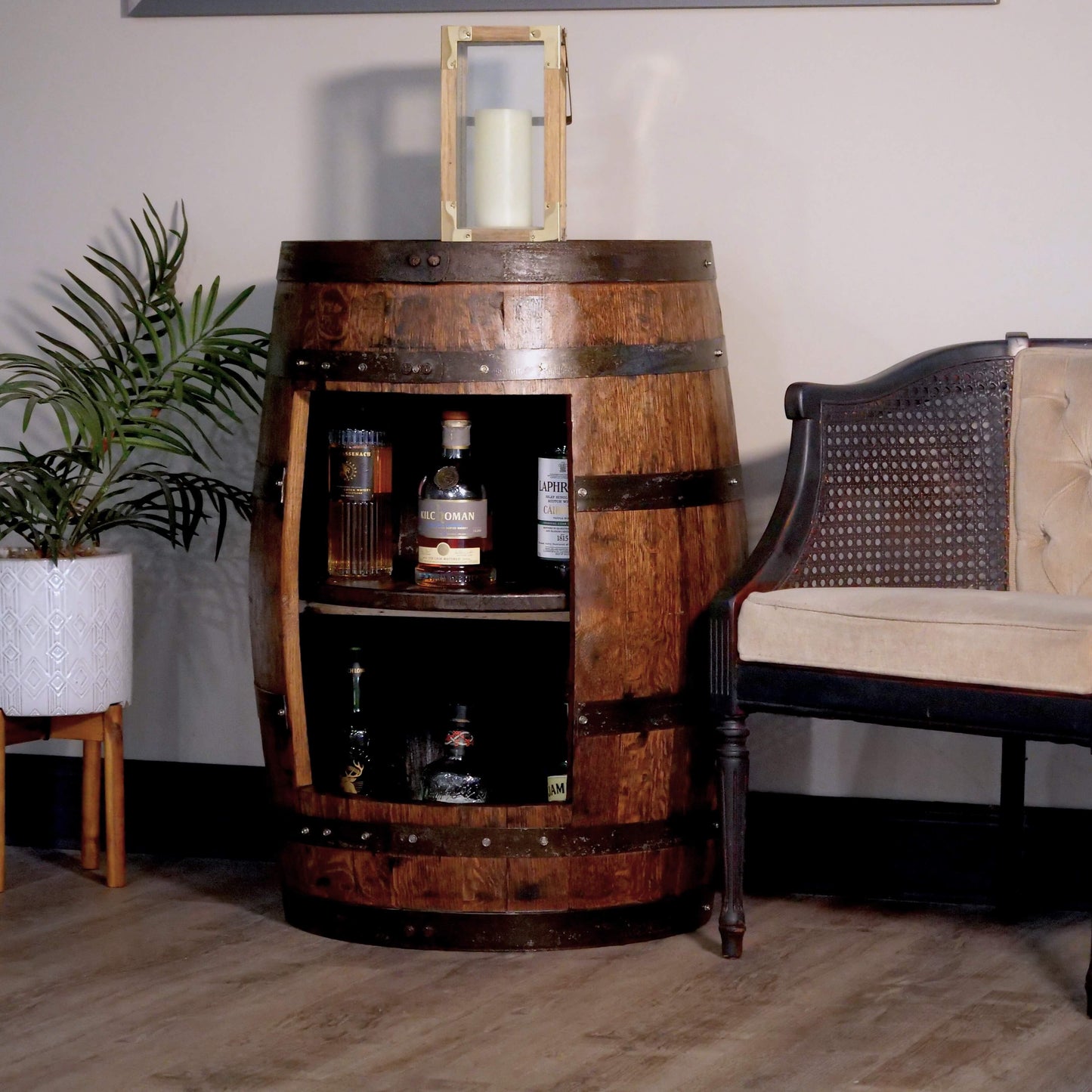 Refurbished Whiskey Barrel Open Display Cabinet