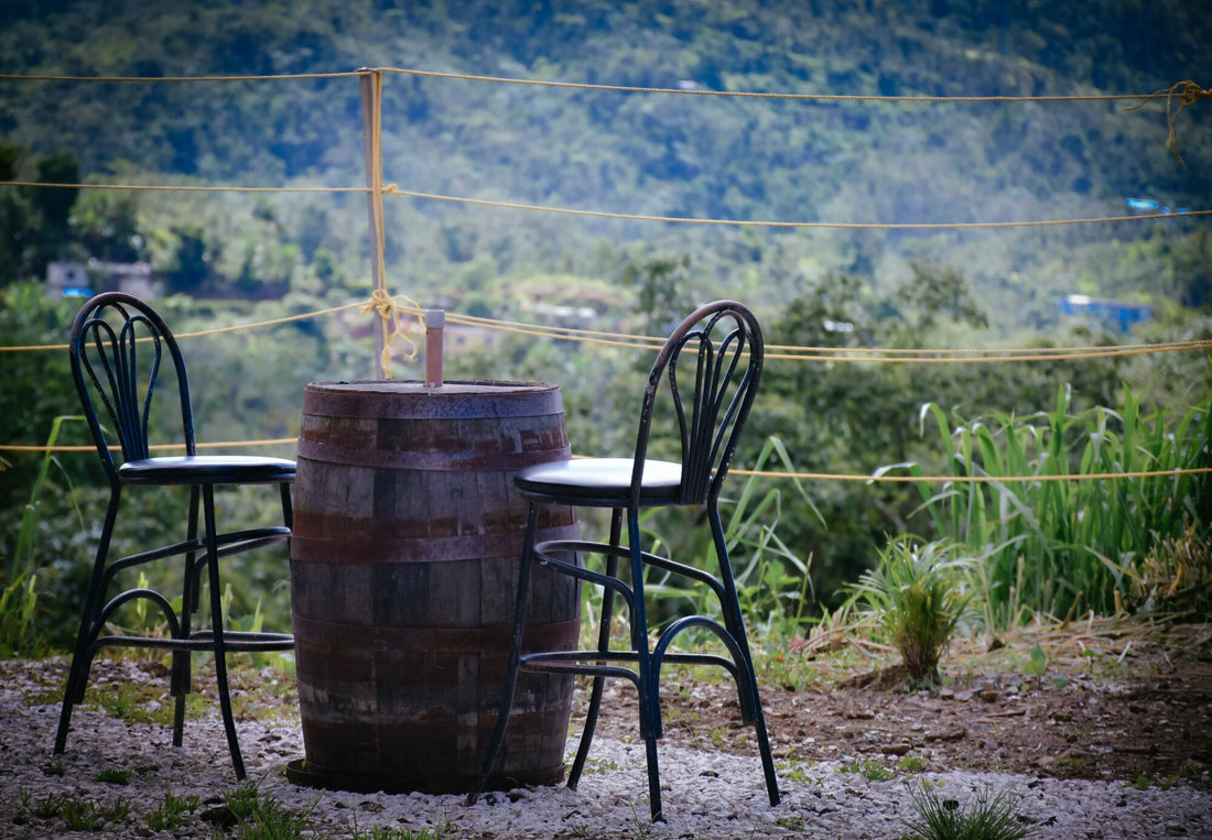 Rustic barrel and chairs set