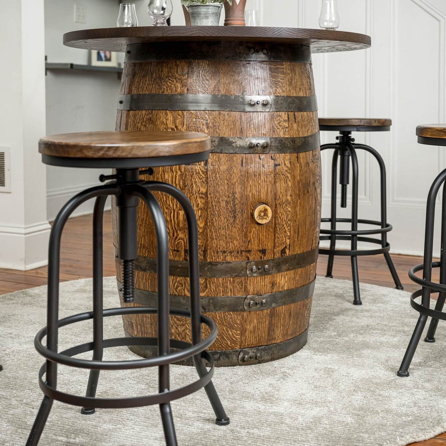 Deluxe Whiskey Barrel Pub Table w/ 36" or 48" Table Top AND Cabinet