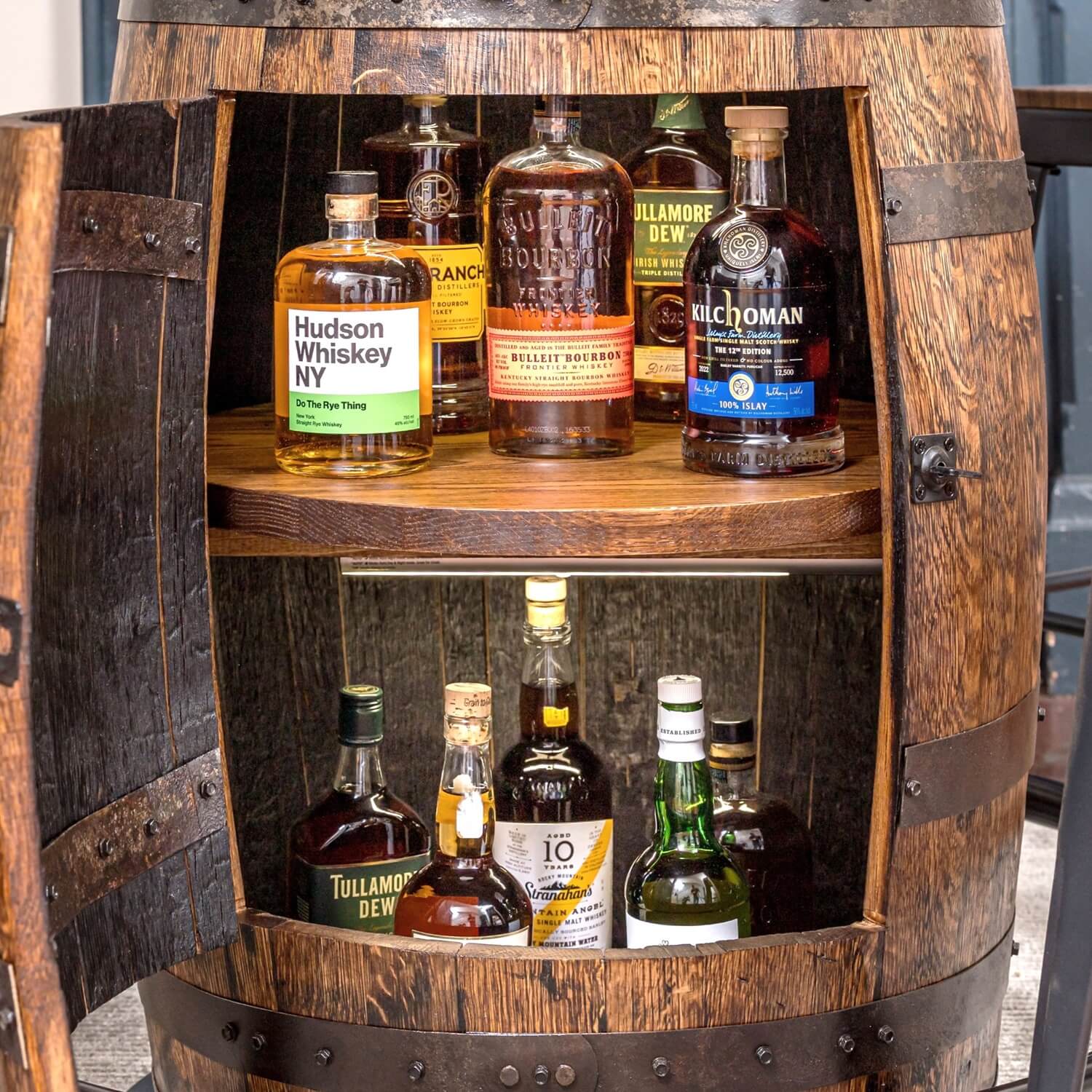 Barrel Close Up of Cabinet Open Door Revealing Lighted Beverages