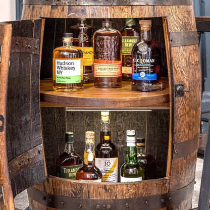 Barrel Close Up of Cabinet Open Door Revealing Lighted Beverages