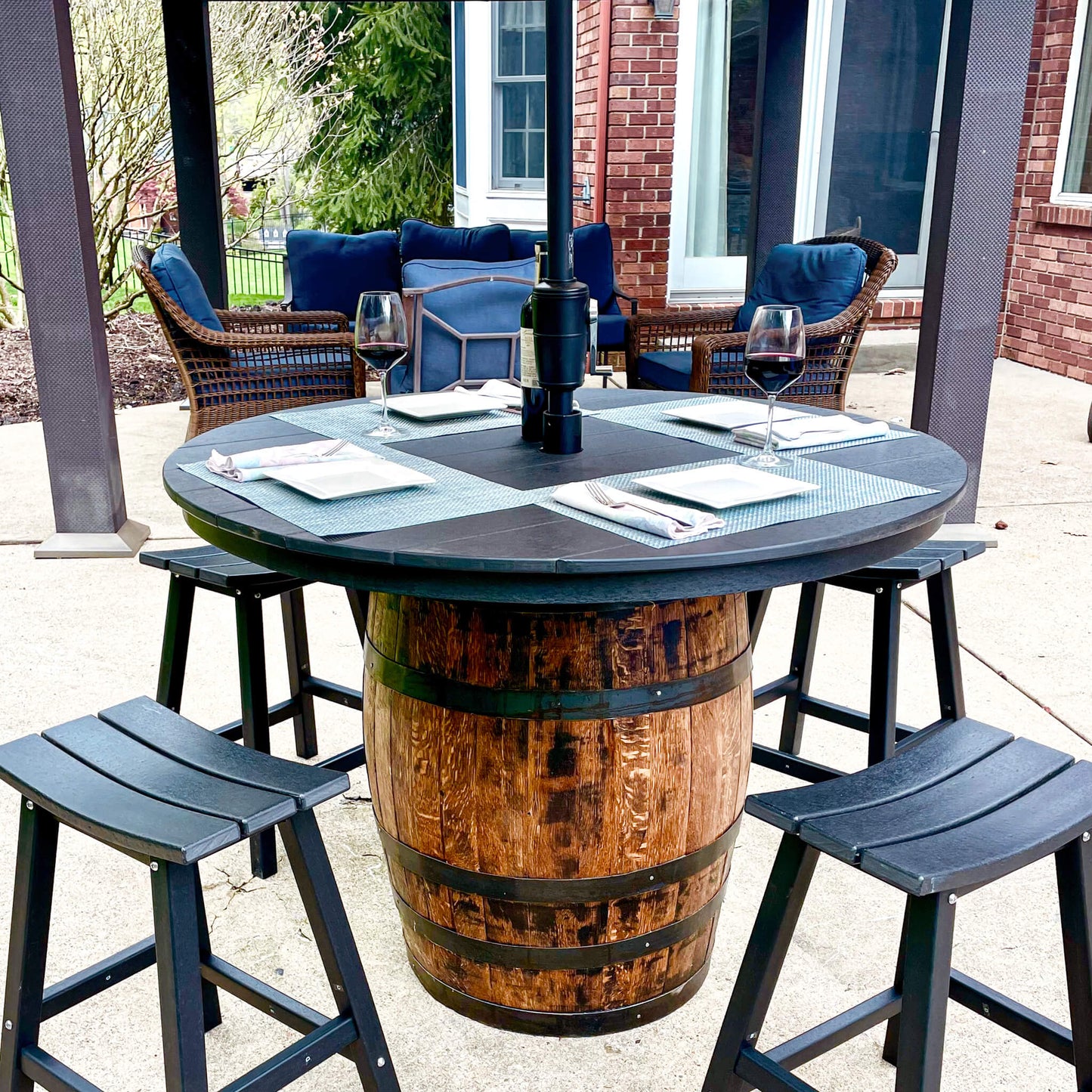 Outdoor Whiskey Barrel Pub Tables With 4 Poly-Lumber Stools Set