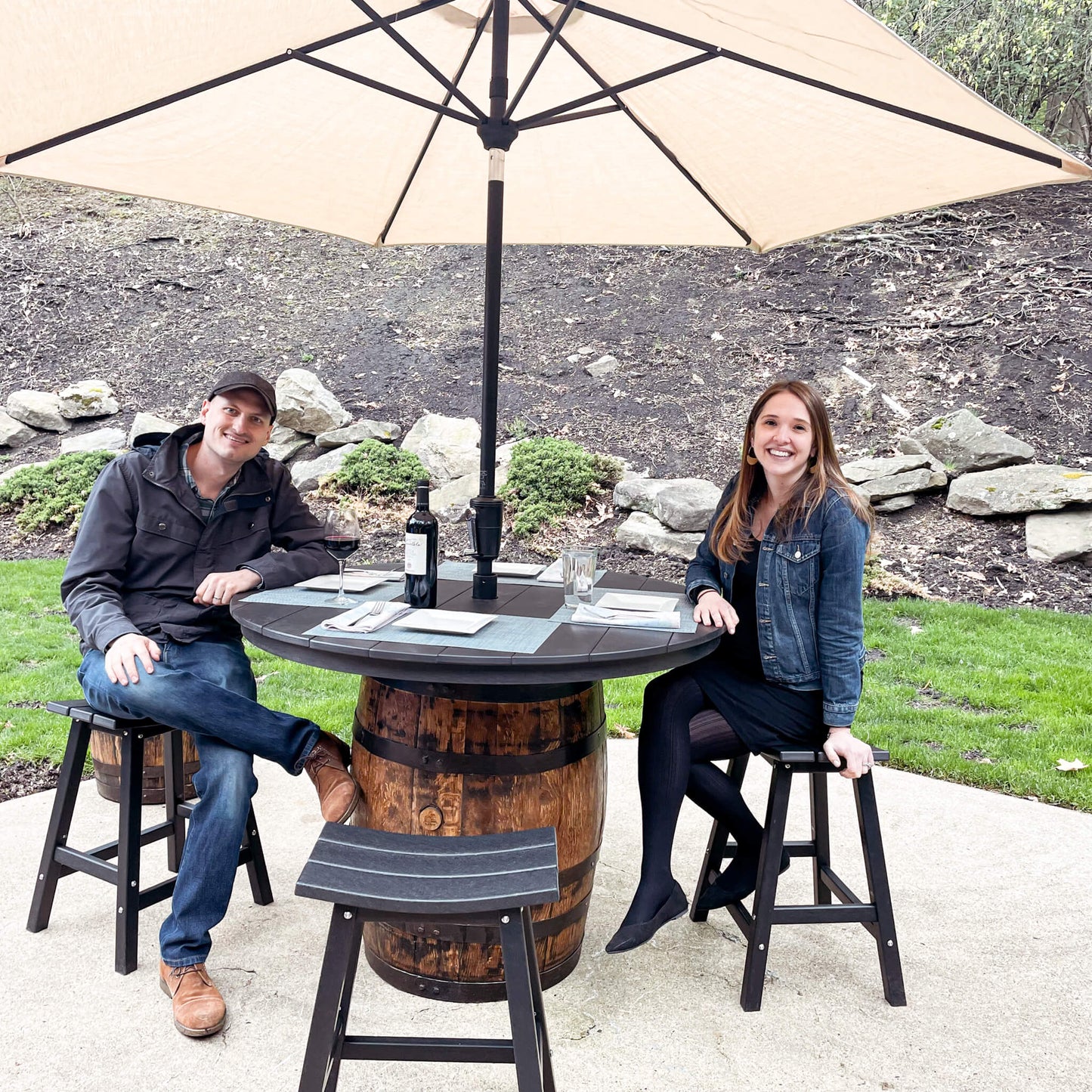 Outdoor Whiskey Barrel Pub Tables With 4 Poly-Lumber Stools Set