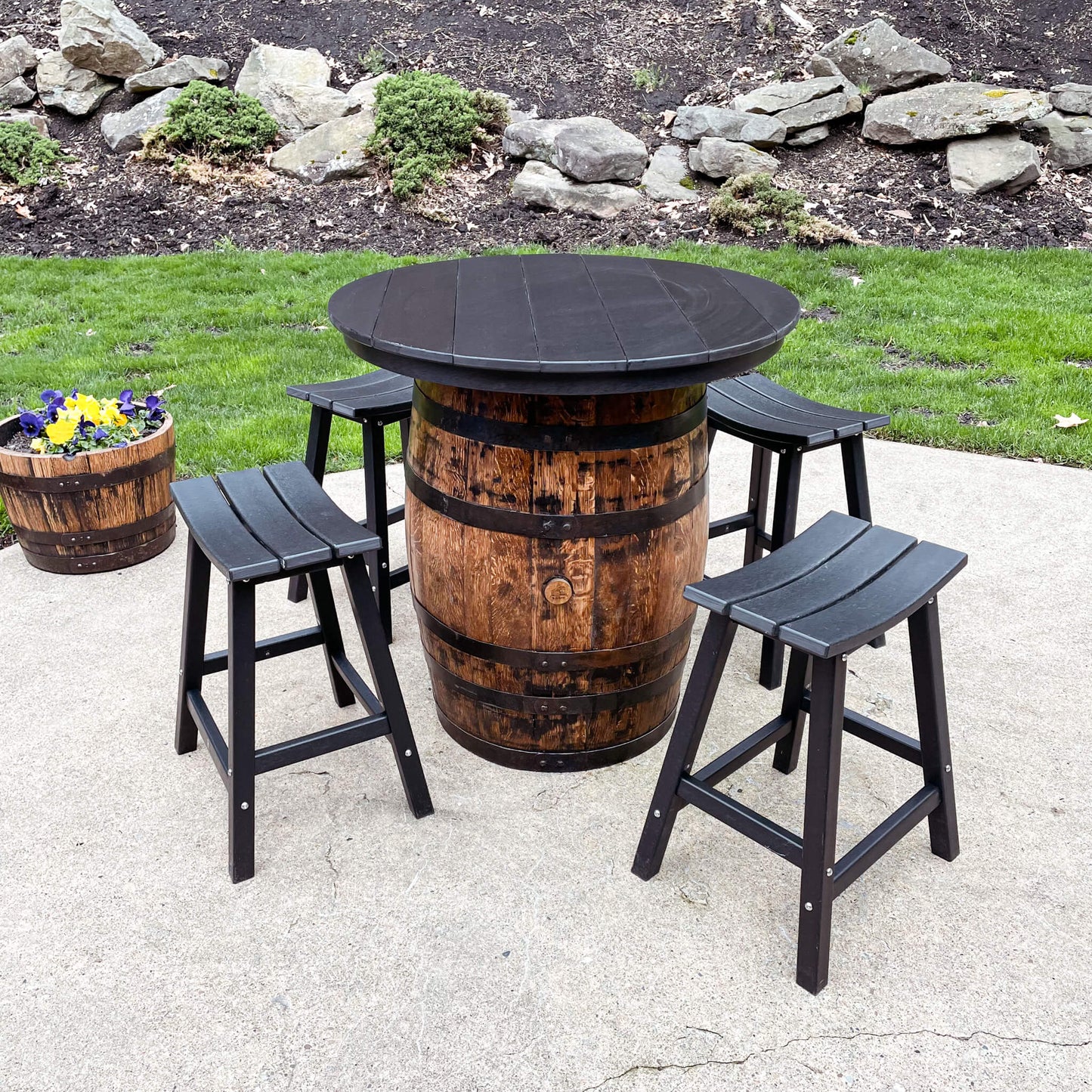 Outdoor Whiskey Barrel Pub Tables With 4 Poly-Lumber Stools Set