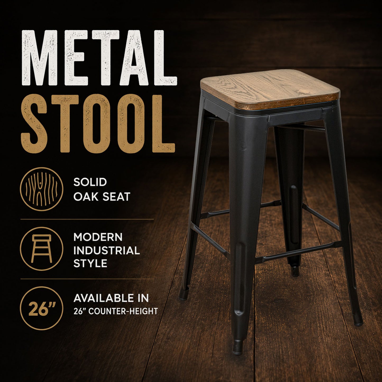 Black Metal Stools w/ Solid Wood Seat
