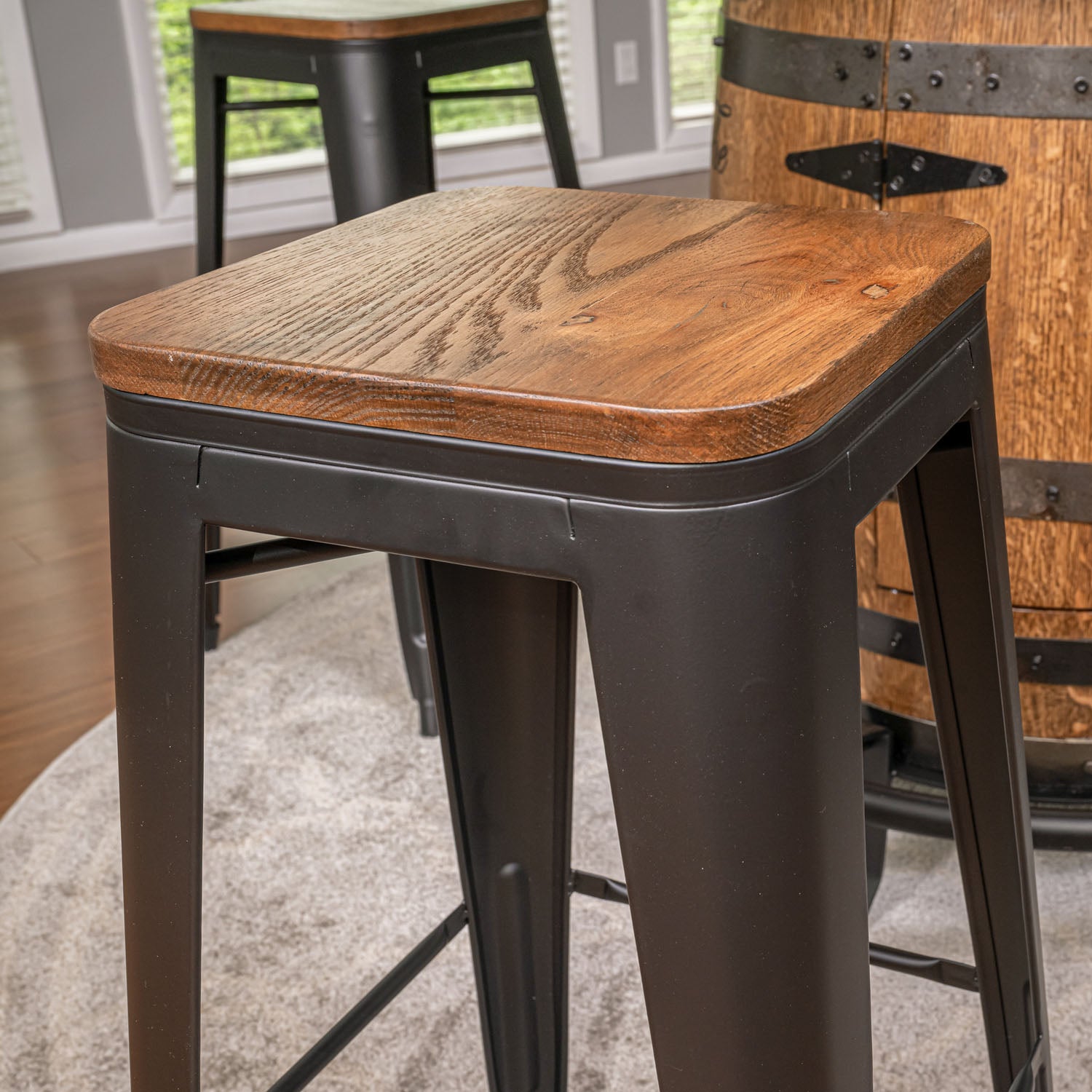 Black Metal Stools w/ Solid Wood Seat
