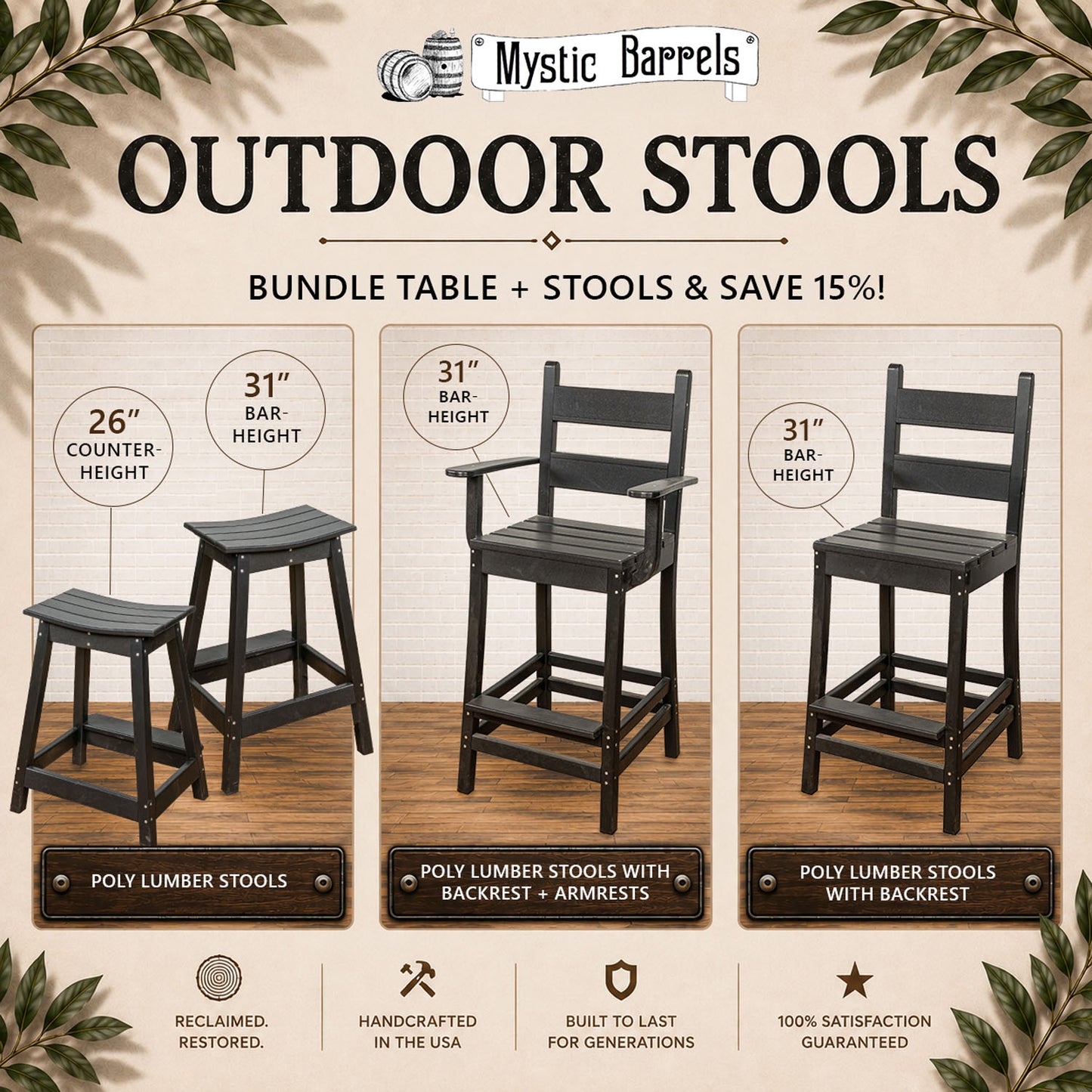 Outdoor, Poly-Lumber Stools w/ Backrests