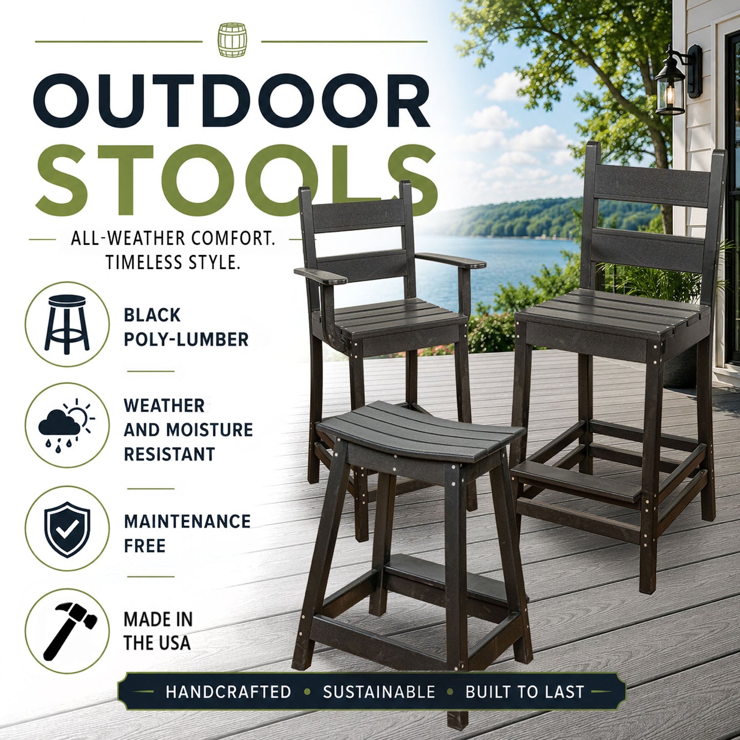 Outdoor, Poly-Lumber Stools w/ Backrests