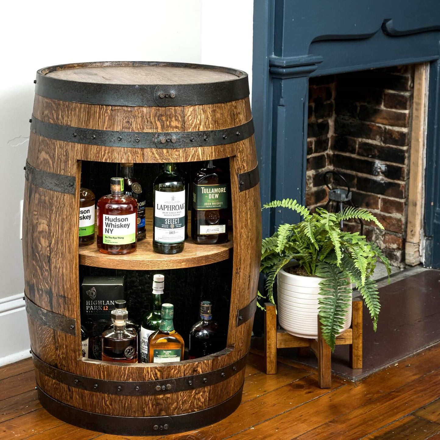 Refurbished Whiskey Barrel Open Display Cabinet