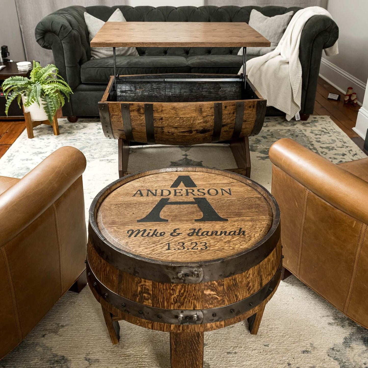 Whiskey Barrel Rectangular Coffee Table w/ Lifting Top