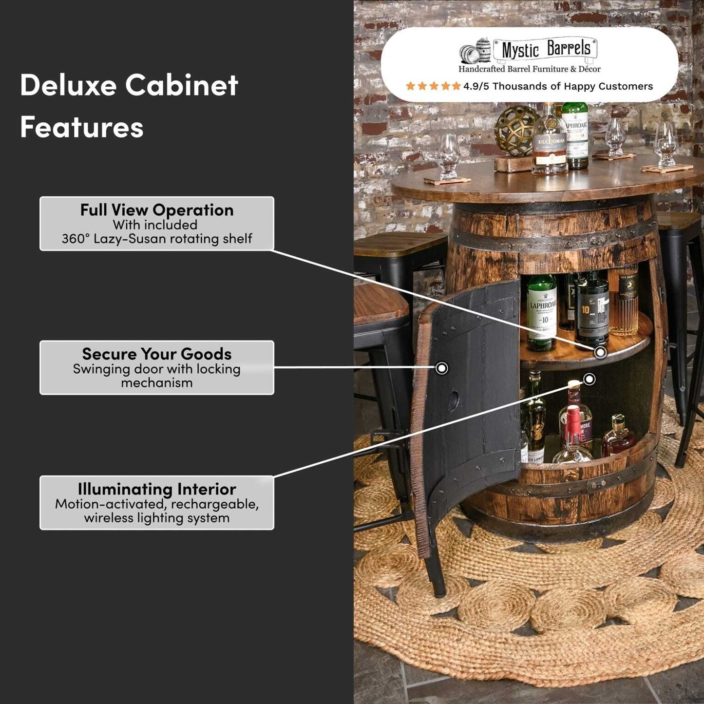 Deluxe Whiskey Barrel Pub Table w/ 36" or 48" Table Top AND Cabinet