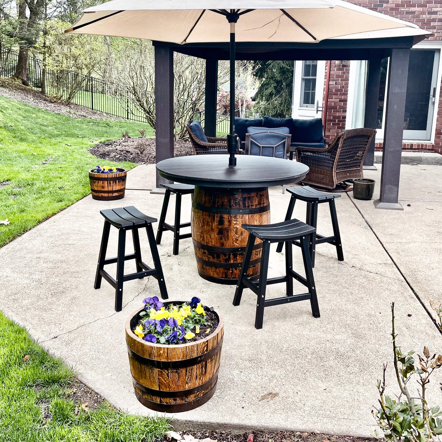 Outdoor Whiskey Barrel Pub Tables With 4 Poly-Lumber Stools Set