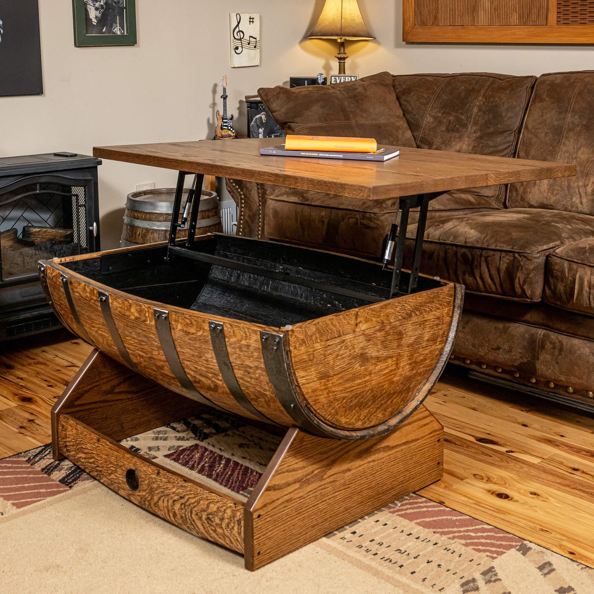 Whiskey Barrel Rectangular Coffee Table w/ Lifting Top