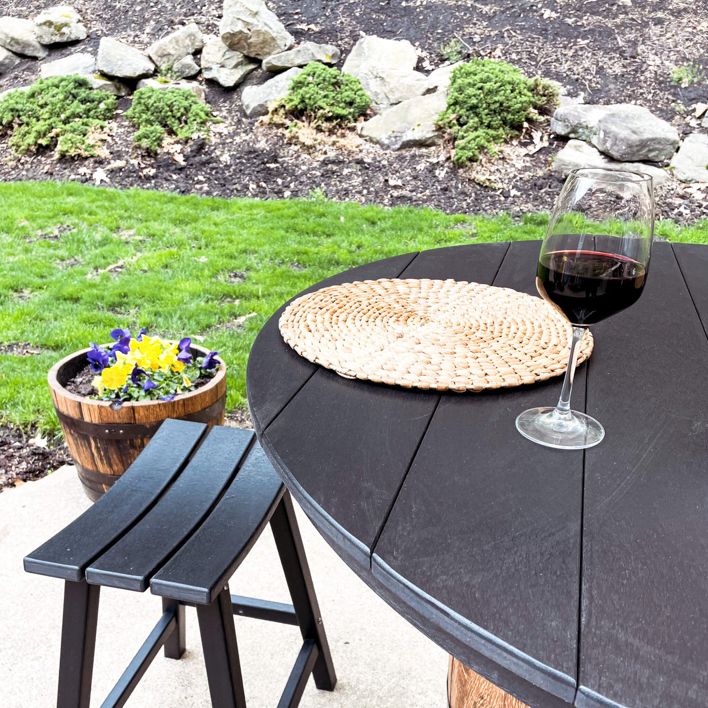Outdoor Whiskey Barrel Pub Tables With 4 Poly-Lumber Stools Set