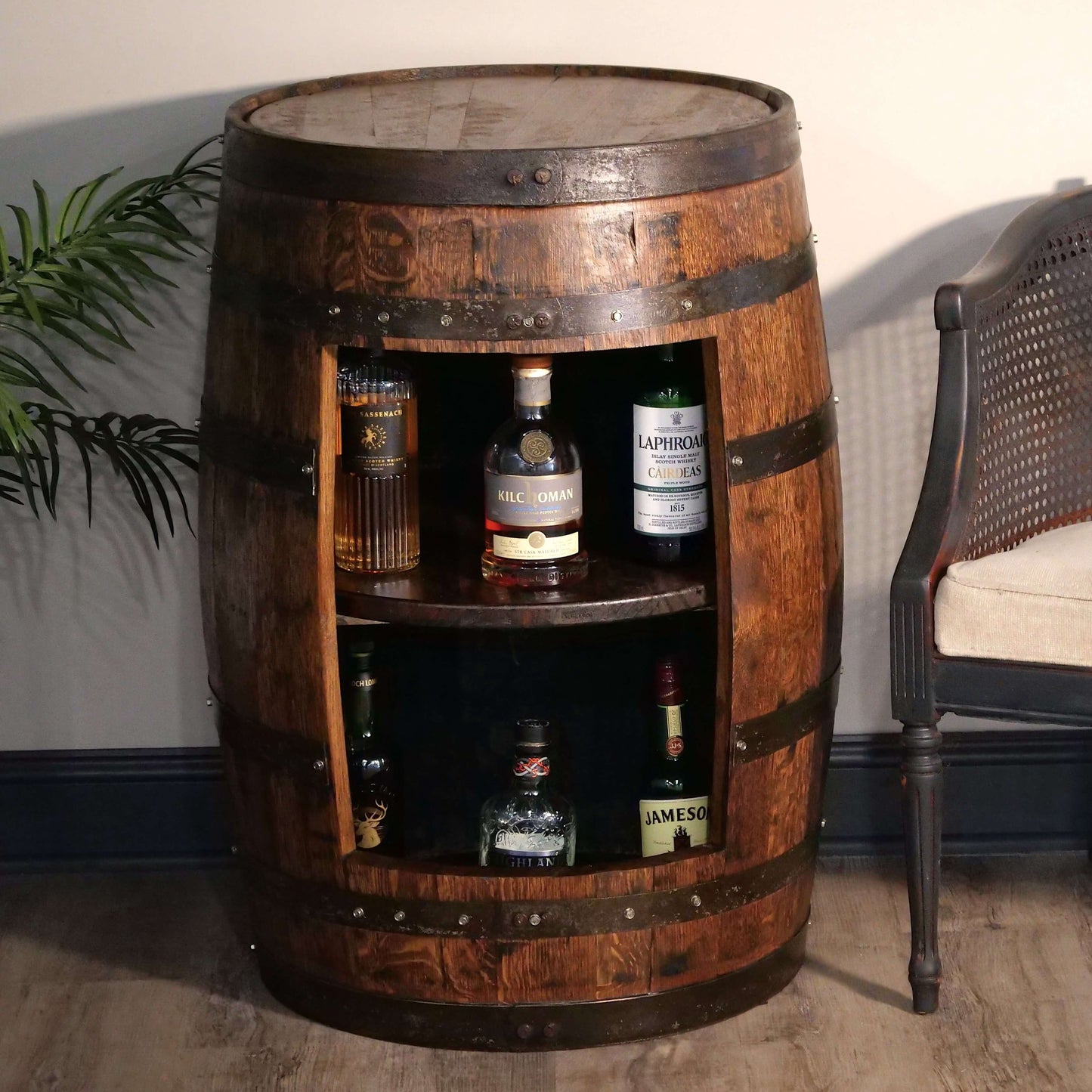 Refurbished Whiskey Barrel Open Display Cabinet