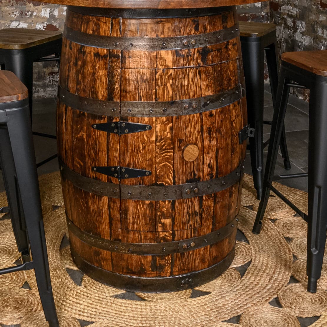 Deluxe Whiskey Barrel Pub Table w/48" Oak Table Top AND Cabinet