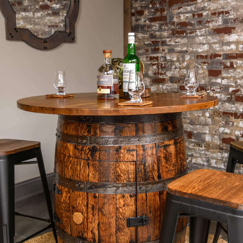 Deluxe Whiskey Barrel Pub Table w/48" Oak Table Top AND Cabinet