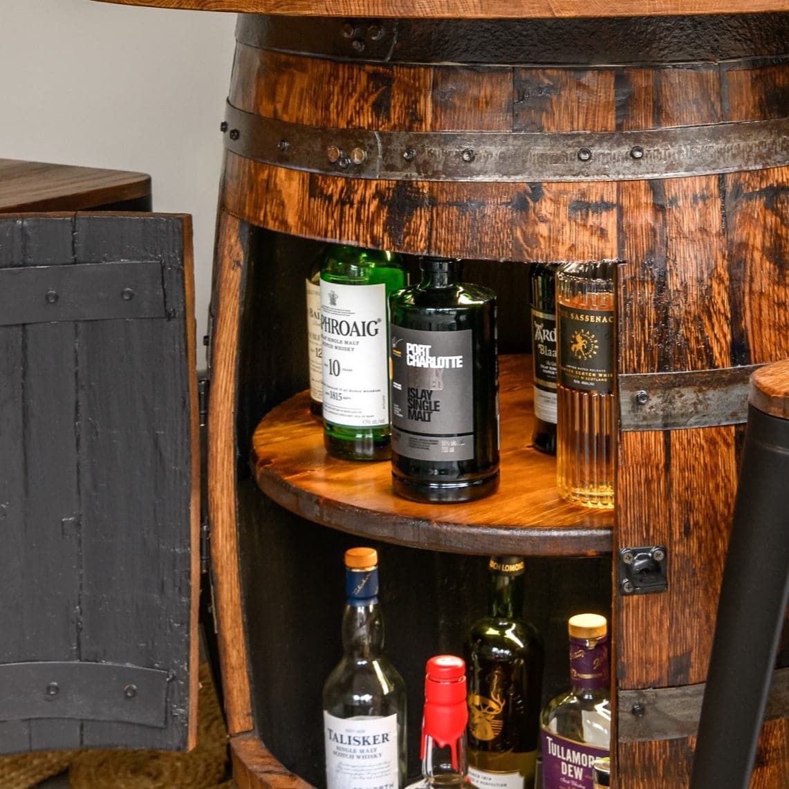 Deluxe Whiskey Barrel Pub Table w/48" Oak Table Top AND Cabinet